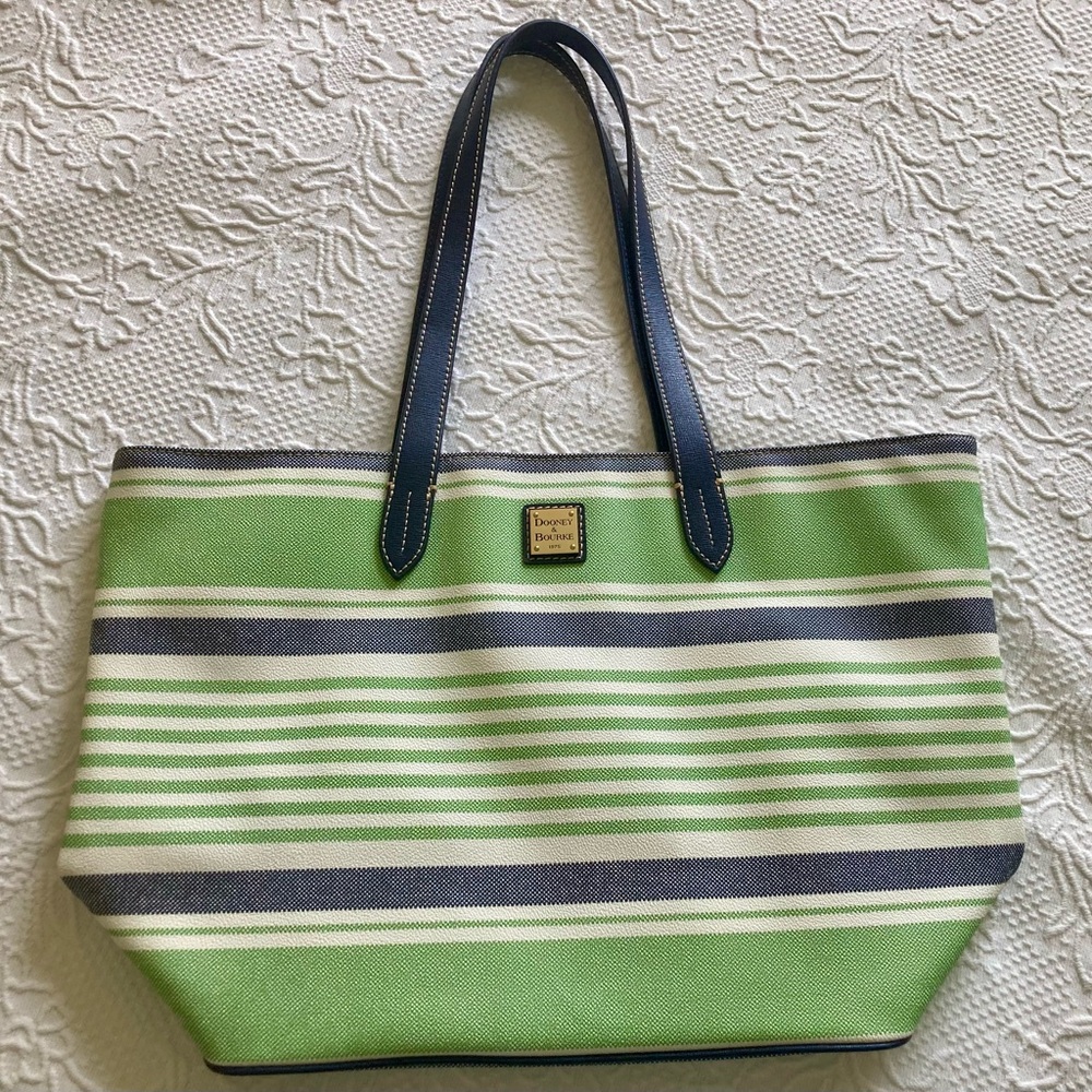 Dooney & Bourke Green and Blue Striped Canvas Tote